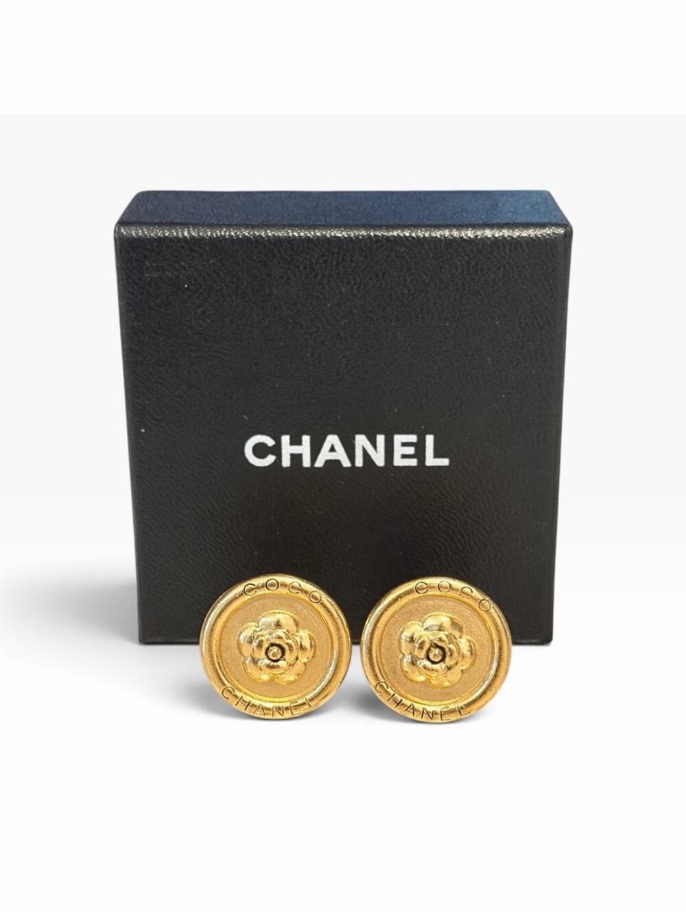 Chanel Vintage 97P Camellia Coco Clip Earrings Gold-Tone w/Box